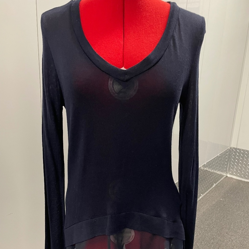 Women's Blouse Size S Navy Blue DEPRI Brand Blouse Sheer Ruffle Trim